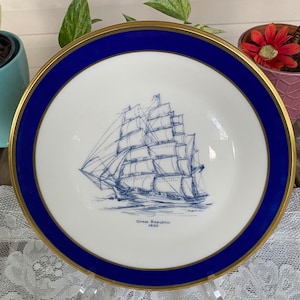 Vintage Lenox Special Great Republic 1853 and Galatea 1854 Dinner Plates - Blue Band, Ship Center, Gold Trim