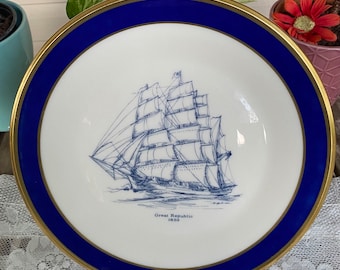 Vintage Lenox Special Great Republic 1853 and Galatea 1854 Dinner Plates - Blue Band, Ship Center, Gold Trim