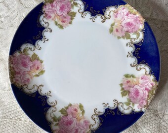 Vintage ROSENTHAL Selb Bavaria "Tristan" Salad Plate - Hand Painted, Isolde Roses, Gold & Cobalt Blue Scrolls