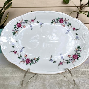 Vintage WAWEL Royal Vienna Collection - 13 inch Oval Serving Platter - Pink & Blue Floral, Gold Trim