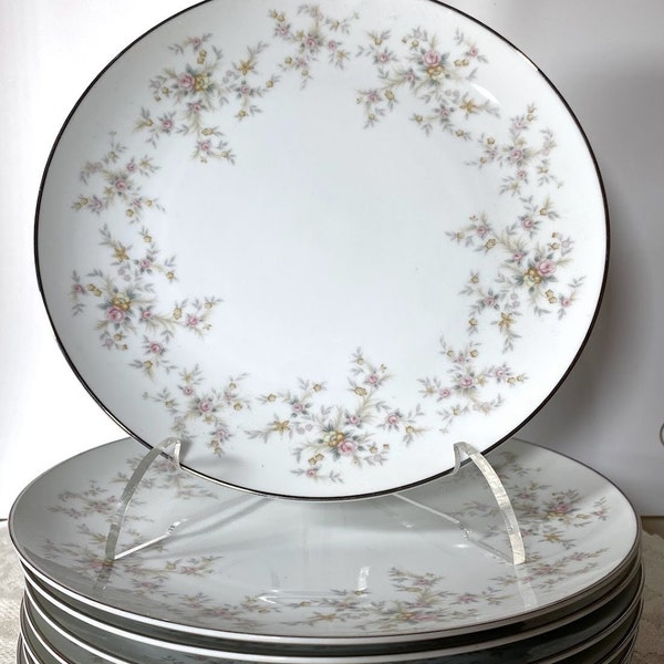 NORITAKE Arlene Dinner Plate - Set of 4, Roses & Yellow Flowers, Gray Leaves and Trim