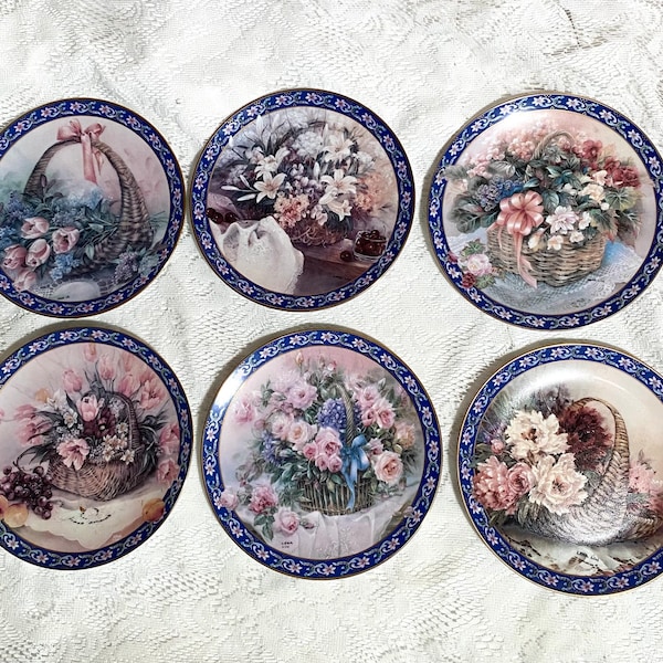 Lena Liu’s “Basket Bouquets” Plate Collection by WS GEORGE - Set of 6, Flower Basket Scenes, Ceramic Art