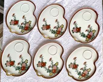 Vintage 1960s Kutani Japan Hand Painted Snack Plate - Set of 6, Red Band with Gold Zig Zag, Gosai Floral, Gold Handle
