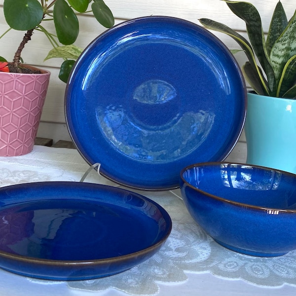 DENBY-LANGLEY Imperial Blue Coupe Dinnerware - 3 Piece Place Setting - Blue Cobalt, Brown Trim