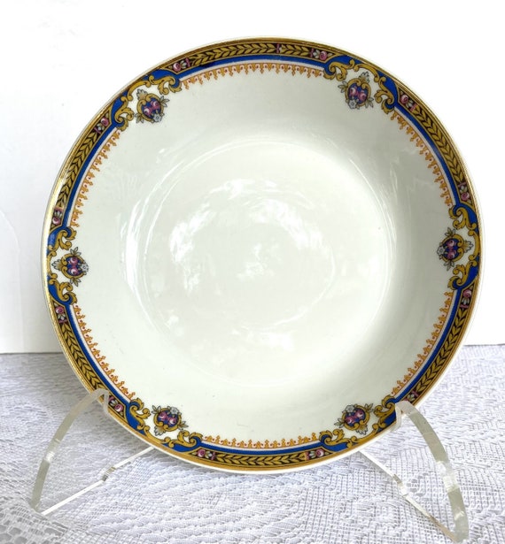 Vintage UNION CÉRAMIQUE Limoges UNIQUE 1929 Fruit Bowl - Set of 5, Roses, Blue Band, Yellow Laurel, Gold Rim