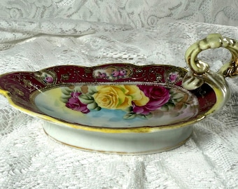 Vintage NIPPON Hand Painted Dresser Dish - Gold Accents, Yellow & Magenta Roses,  Sculpted Handle