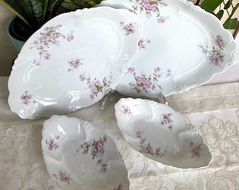 Vintage HABSBURG Austria Oval Serving Set of Four: Platters/Bowls - Purple Flowers, Green Leaves, Scalloped