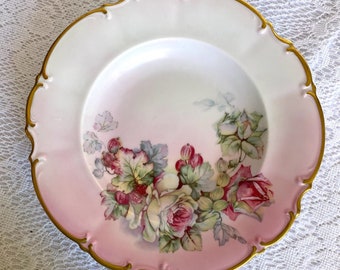SYLVIA Bavaria Germany Dinner Plate - Pink Background, White & Pink Roses, Gold Trim
