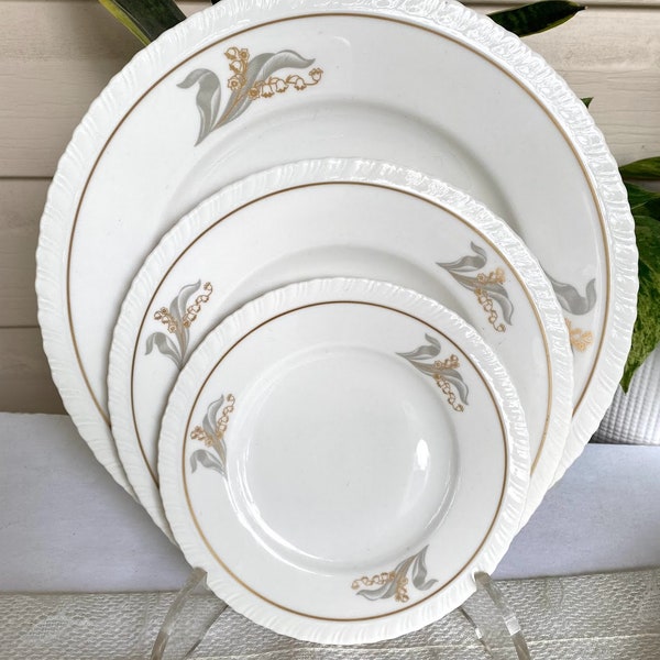 Enchantment Hanover China, Set of 3 Plate - Lily Of The Valley, Silver Gray Leaves, Raised Edge is Trimmed Gold