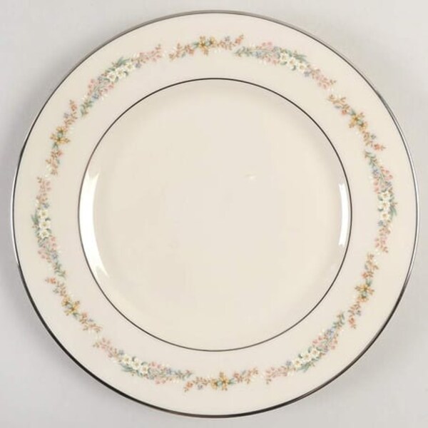 GORHAM RONDELLE Ivory Fine China Classic Collection Salad Plate - Floral Filigree Band On White, Pink & Blue Flowers, Platinum Rim