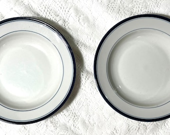 RANMARU Japan “Blue Simplicity” Rim Soup Bowl - Set of 2, Blue Bands, Haniwa Stone