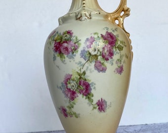 Antique Art Nouveau Royal Teplitz Bavaria Hand Painted Vase - Pink Roses, Gold Leaves On Ivory, Gold Trim