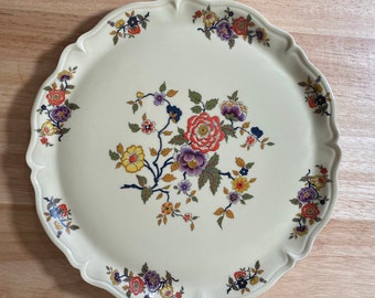 LEC-LECLAIR LIMOGES 12 inch Platter - Orange, Purple, Blue & Yellow Floral Center, Rim Bouquets, Scalloped