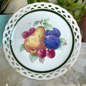 Vintage Winterling - Bavaria 82 Fruit Center Salad Plate - Pear & Plum, Pierced Edge, Green Band, Gold Rim