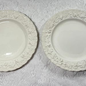 May include: Two off-white ceramic plates with a detailed floral pattern around the rim. The plates have a smooth, glossy surface in the center. The plates are likely for serving food.