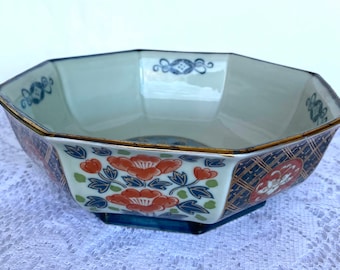 Antique Imari Arita Hexagon Bowl - Red, Blue & Gold Accents, Gold Trim