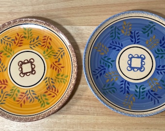 Mismatched K.G LUNEVILLE France Salad Plate - Set of 2, Orange/Blue Band, Branches, Brown/Blue Sponged Edge