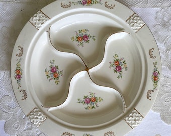 Japan HOTTA Yu SHOTEN Hand Painted Four Part Divided Serving Plate - Yellow & Pink Roses, Scrolls, Gold Trim