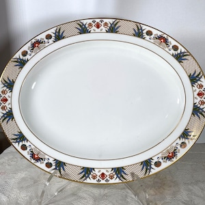 ROYAL CROWN DERBY Rutland Oval Serving Platter - Blue & Rust Flowers, Gold Lattice Design, Gold Trim