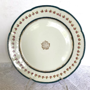 Antique Austria Dinner Plate with John Wanamaker Import Mark “W”, Teal Bands, Pink Roses, Medallion