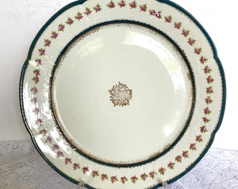 Antique Austria Dinner Plate with John Wanamaker Import Mark “W”, Teal Bands, Pink Roses, Medallion