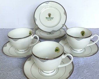 WATERFORD Chiffonier Fine China Dessert Serving Set - Lot of 9 Pieces, Scallops & Dots, Platinum Trim - NEW