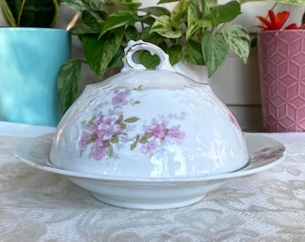 Vintage HABSBURG Austria Serving Set: Round Covered Butter Dish, Gravy Boat & Underplate , Sugar Bowl with Lid - Purple Flowers, Scalloped
