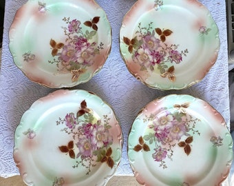 HOUSE of GOEBEL Bavaria W. Germany Dinner Plate - Set of 4, Pink Wild Roses, Gold Leaves On Blue, Gold Trim