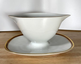 ROSENTHAL - CONTINENTAL 3483 Gravy Boat with Attached Underplate - Gold & Brown Bands On White, Gold Trim, NEW
