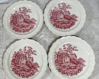 Taylor Smith & Taylor Pink Castle Bread/Butter Plate - Set of 4, Dark Pink English Scenes, Garland Shape