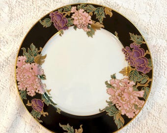 FITZ and FLOYD Cloisonné Peony Black - Dinner Plate, White Center, Pink & Purple, Black Rim
