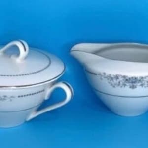 Vintage Towne House Fine China &quot;Providence 2078&quot; - Sugar Bowl and Creamer Set, Blue Flowers, Gray Leaves & Scrolls