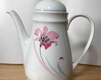 Arzberg Germany Coffee/Tea Pot & Lid - Large Pink Lily Flower, Gray Leaves, NEW
