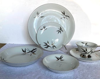 DeVille “MATRIMONY” Japan Fine China- 6 Piece Place Setting - Platinum Bamboo & Leaves, Smooth, Platinum Trim