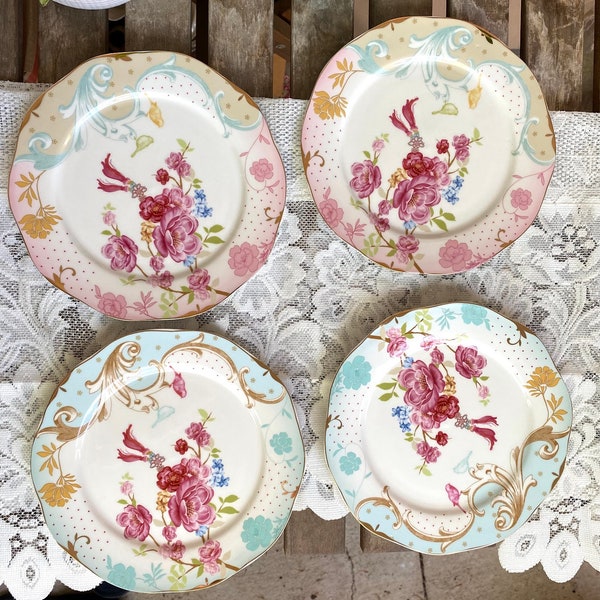 GRACE'S TEAWARE Pink Rose Dots Salad Plate - Set of 4, Pink & Blue Roses, Scrolls, Birds and Gold Trim