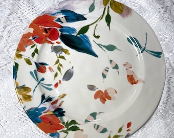 ANTHROPOLOGIE Brynne Side Dinner Plate - Set of 2, Dragonfly, Rim, Blue & Orange Wildflower, NEW
