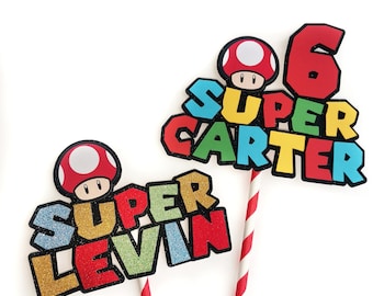 Personlig tårtdekoration med Super Mario-tema, Super Mario-svamp, födelsedagstårta