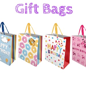 May include: Four colourful gift bags with different designs. The bags are all decorated with the words "Happy Birthday". One bag has a blue background with aeroplanes and balloons, another has a yellow background with doughnuts, another has a white background with colourful dots, and the last one has a pink background with pink balloons.