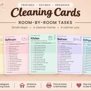 May include: A set of 39 printable cleaning cards featuring room-by-room task lists for the living room, bathroom, kitchen, bedroom, and entryway. Each card includes checkboxes for specific chores, organized by color with headings and icons.