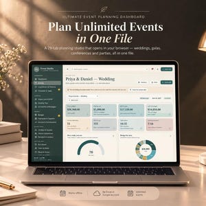 Op de afbeelding: Een laptopscherm met een dashboard voor evenementenplanning genaamd Event Studio. De interface bevat een donkergroene zijbalk met navigatietabbladen en een hoofdgedeelte met budgetoverzichten, gastenaantallen en grafieken voor de bruiloft.