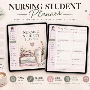 Nursing Student Gift, Undated Digital Planner with 189 Study and Wellness Templates