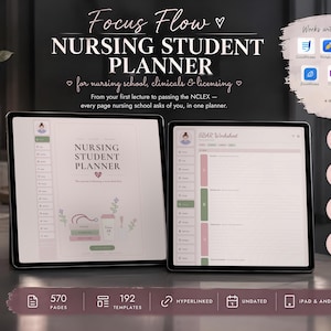 May include: A digital nursing student planner displayed on two tablets. The screen shows a cover page titled Nursing Student Planner and an SBAR worksheet. Text includes Focus Flow, Nursing Student Planner, and app icons.