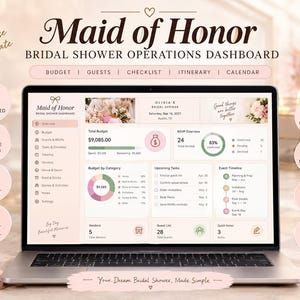 May include: A laptop screen displaying a Maid of Honor Bridal Shower Operations Dashboard. The interface features sections for budget, guest lists, checklists, and event timelines with pink and white colour schemes and text.