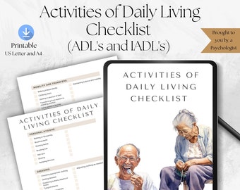 May include: A printable checklist for Activities of Daily Living (ADL's and IADL's) with a watercolor illustration of an older couple. The checklist includes categories such as Mobility and Transfers, Personal Hygiene, Dressing, Eating and Feeding.