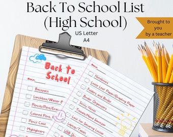 May include: A checklist for high school students, with items like backpack, pencils, notebooks, folders, and a USB drive. The checklist is on a white sheet of paper with a light blue cloud and the words "Back to School" in red.
