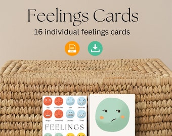 May include: Two feelings cards with the text "Feelings Cards" and "16 individual feelings cards". One card shows various illustrated emotions, the other shows a green face with the word "DISAPPOINTED".