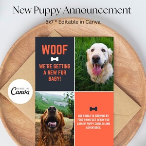 New Puppy Announcement Template, Editable, Welcome Home Puppy Sign, New Family Member Announcement, Canva, Dog, Social Media Announcement