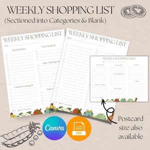 Grocery List Printable Template, Grocery Planner, Food Shopping List, Meal Planning, Kitchen Organization, Document and Postcard Size
