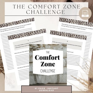 Puede incluir: Una hoja de trabajo PDF imprimible titulada "The Comfort Zone Challenge" con fondo blanco y texto negro. La hoja de trabajo incluye indicaciones para la autorreflexión y actividades para ayudarte a salir de tu zona de confort.