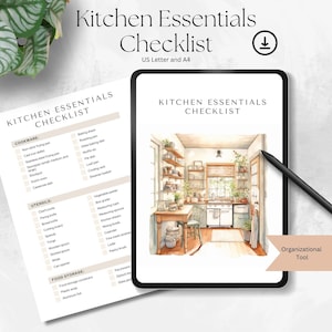 May include: A digital kitchen essentials checklist with the title "Kitchen Essentials Checklist" in a minimalist design. The checklist includes categories for cookware, utensils, and food storage. The image also features a watercolor illustration of a kitchen.